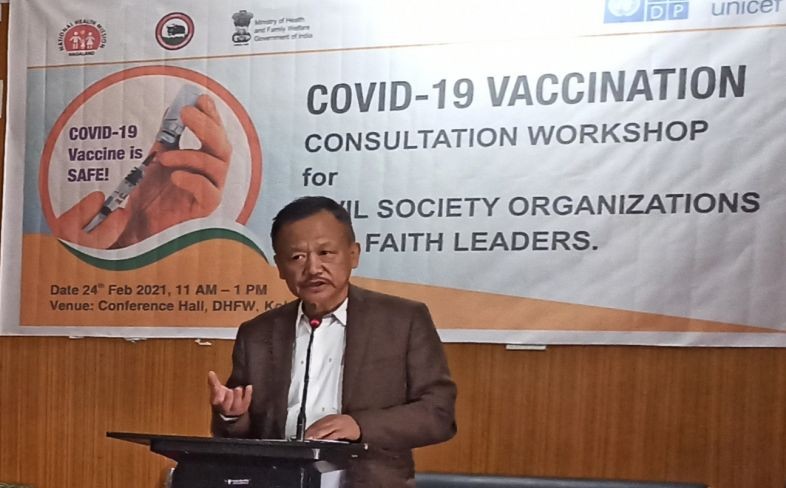 Principal Director, Health & Family Welfare, Dr Kevichusa addressing the COVID-19 vaccination consultation workshop held at Conference Hall, Medical Directorate, Kohima on February 24. (DIPR Photo)